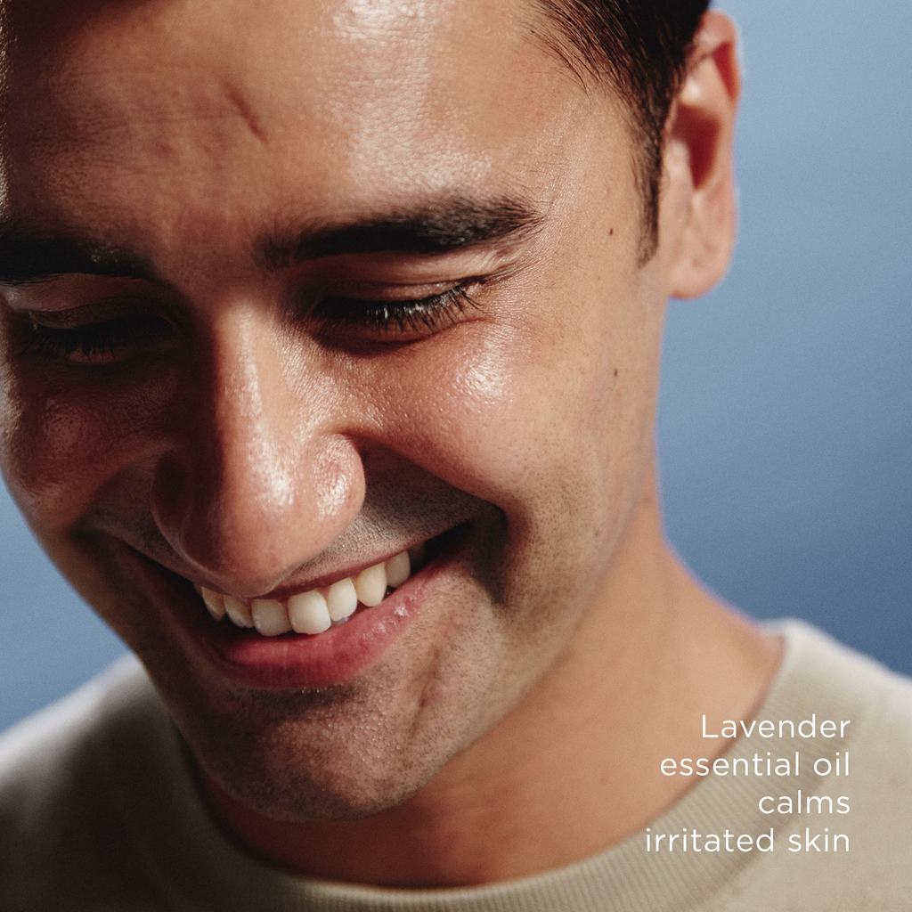 Lavender essential oil calms irritated skin.